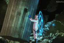 a cartoon of a man standing next to a pillar with animeflv written on the bottom of the screen