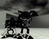 a black and white image of a cartoon character standing next to another character