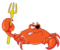 a cartoon crab holding a yellow trident with the letter w on it