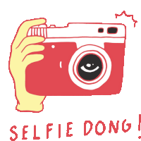 a drawing of a hand holding a red camera with the words selfie dong written below it