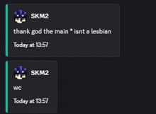a screenshot of a conversation between skm2 and wc with the time at 13:57