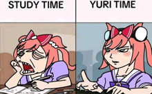 a cartoon of a girl sitting at a desk with the words study time and yuri time on the bottom