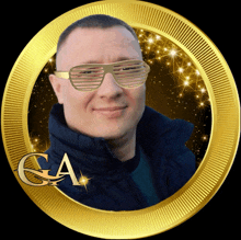 a man wearing sunglasses is surrounded by a gold circle with the letter a on it