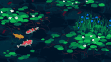 a pixel art of fish swimming in a pond with water lilies