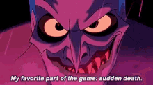 a close up of a cartoon character saying my favorite part of the game : sudden death