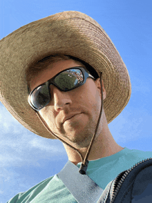 a man wearing sunglasses and a straw hat