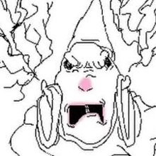 a black and white drawing of a gnome with a cone on his head and a very angry face .