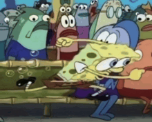 a group of cartoon characters including spongebob squarepants are gathered together