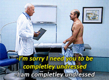 a shirtless man is talking to a doctor who is holding a clipboard