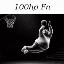 a black and white photo of a fat man jumping to dunk a basketball