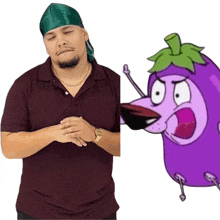 a man wearing a green headband is next to a cartoon character wearing an eggplant costume