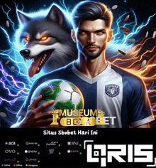 a man is holding a soccer ball in front of a wolf with lightning behind him and the words museum bca bet on the bottom