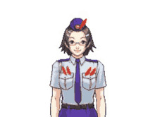 a pixel art of a girl wearing a purple hat and tie