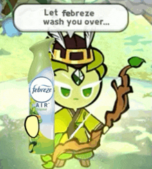 a cartoon character is holding a bottle of febreze air .