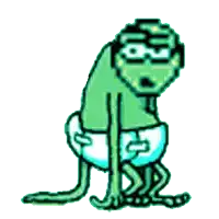 a pixel art drawing of a frog wearing glasses and a diaper