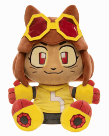 a stuffed animal wearing sunglasses and a yellow shirt with the letter h on it