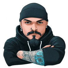 a man with a beard and mustache is wearing a black hoodie and a beanie