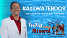 a man in a white coat is standing in front of a sign that says # askwaterdok