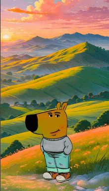 a cartoon character is standing in a field with a mountain in the background