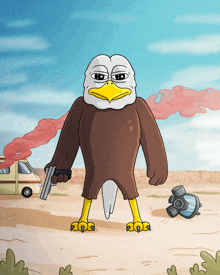 a cartoon of an eagle holding a gun in front of a camper van