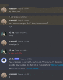 a screenshot of a discord conversation with noaasaki today at 1:50 pm