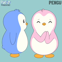 a cartoon of two penguins kissing with the word pengu on the bottom right