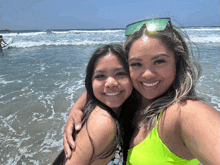 two women posing for a picture on the beach with one wearing sunglasses