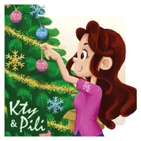 a cartoon of a girl decorating a christmas tree with the words " kay & dili "