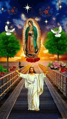 a painting of jesus standing on a bridge with the virgin mary above him