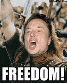 elon musk is standing in front of a crowd of people holding swords and yelling freedom .