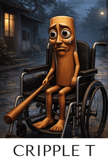 a cartoon character is sitting in a wheelchair holding a baseball bat with the word cripple t below him