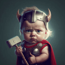 a baby dressed as thor holds a hammer