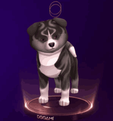 a black and white dog standing on top of a dogami statue