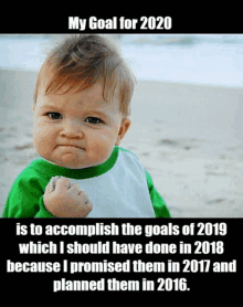 a baby with a fist in the air with the caption my goal for 2020 is to accomplish the goals of 2019