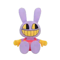 a stuffed purple rabbit with yellow teeth and overalls