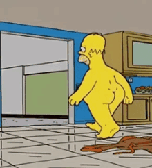 a naked homer simpson is standing in a kitchen