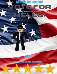 a poster for marcus for senator with an american flag behind him