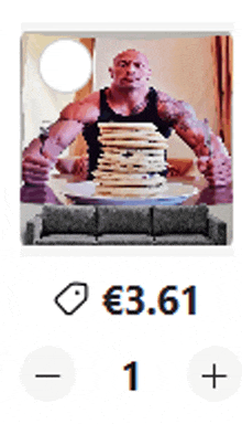 a picture of a man holding a stack of pancakes with a price of 30.61