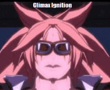 a close up of a cartoon character wearing sunglasses with the words climax ignition written on it .