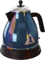 a blue kettle with a triangle on it that says ' terra inanella ' on it