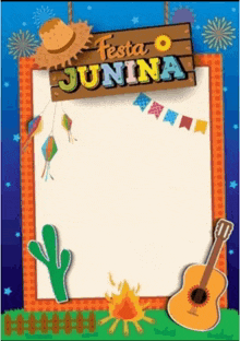 a poster for festa junina with a guitar , cactus , hat and fireworks