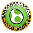 a green and white mario kart logo with a checkered pattern