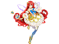 a cartoon girl with red hair and wings is holding a wand