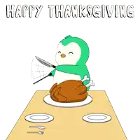 a cartoon of a penguin cutting a turkey with the words happy thanksgiving written below it