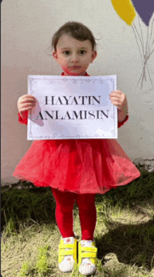 a little girl in a red dress holds a sign that says hayatin anlamisin