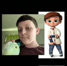 a boy is holding a stuffed animal next to a picture of a boy from the boss baby movie