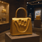 a gold purse with a hand shaped handle is on display