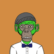 a chimpanzee wearing a hat and a bow tie