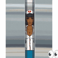 a cartoon of a nurse wearing a white hat with a red heart on it