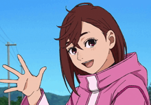 a cartoon girl in a pink jacket is waving her hand